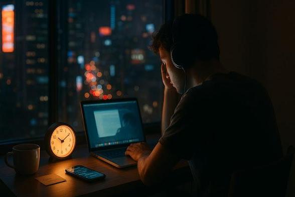 A blue analog alarm clock sits on a desk beside an open laptop with a glowing screen. In the background, a person stands near a window, partially visible in the dim light. The scene evokes a sense of late-night work or digital insomnia.