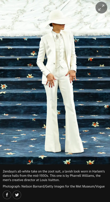 Image: Zendaya at the foot of the Met Gala steps, showing off the elegant lines of her white three piece suit. The wide brim of her hat gives her a certain mystique, like an artist's sketch.