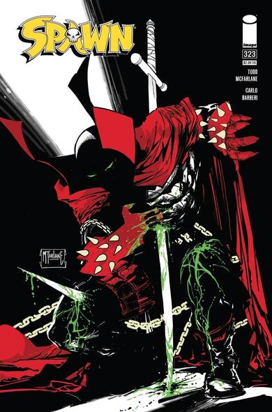 the cove of the comic book, the title 'spawn' is in gold in the upper left corner, the image comics logo on the right, the illustration is of spawn on one knee, he is impaled with a long white sword though his chest and a spike though his leg, bleeding green blood , he is in a shadowy scene 