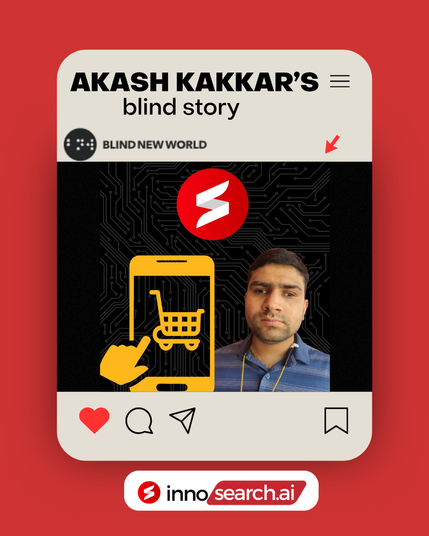 Promotional image for Akash Kakkar's "Blind Story." It shows a man's portrait next to a stylized yellow smartphone displaying a shopping cart icon being touched by a hand. The background is a circuit board pattern, and logos for "Blind New World" and "inno Search.ai" are visible. 