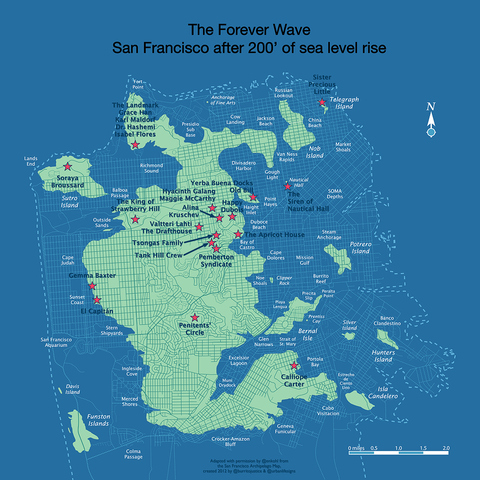 Map of San Francisco after a 200 foot sea level rise. Character names are included on the map to show where their scenes take place in the radio play The Forever Wave.