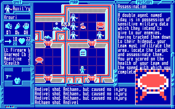 Krauri looks across the room at the table, before deciding that it is of no tactical use. The table is enlarged in the inset.