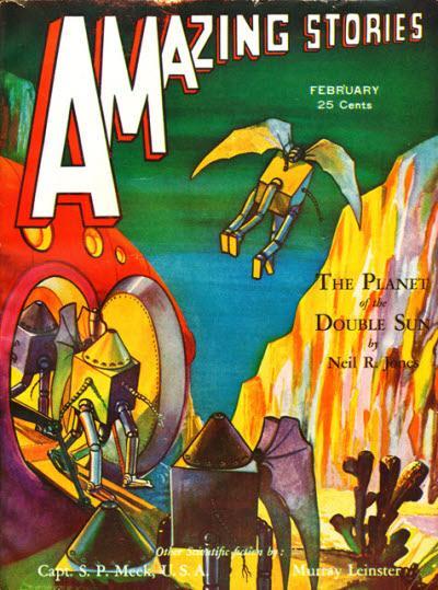 Amazing Stories, February 1932 issue, featuring a scene from The Planet of the Double Sun, by Neil R. Jones. Illustration by Morey.