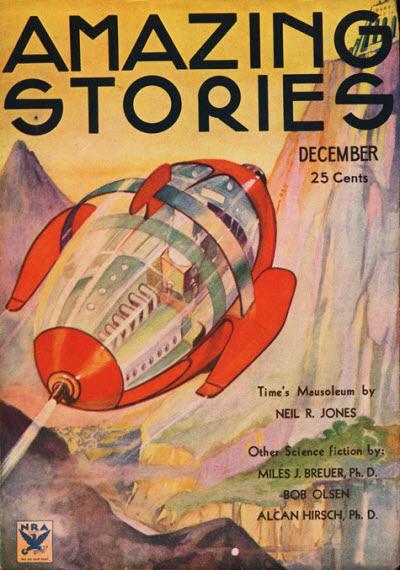 Amazing Stories, December 1933 issue, featuring a scene from Time's Mausoleum, by Neil R. Jones. Illustration by Morey.