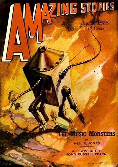Amazing Stories, April 1938 issue, featuring a scene from The Music Monsters, by Neil R. Jones. Illustration by Morey.