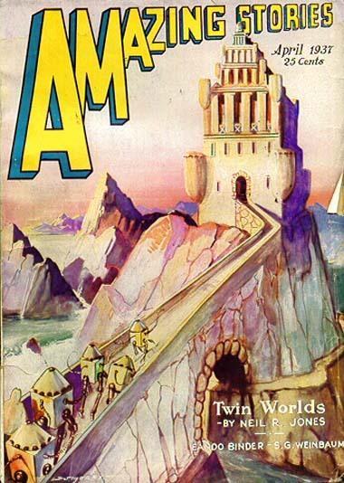 Amazing Stories, April 1937 issue, featuring a scene from Twin Worlds, by Neil R. Jones. Illustration by Morey.