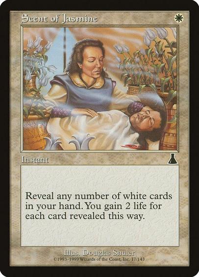 Card Name: Scent of Jasmine
Set: Urza's Destiny
Description: Reveal any number of white cards in your hand. You gain 2 life for each card revealed this way.
Artist: Douglas Shuler
