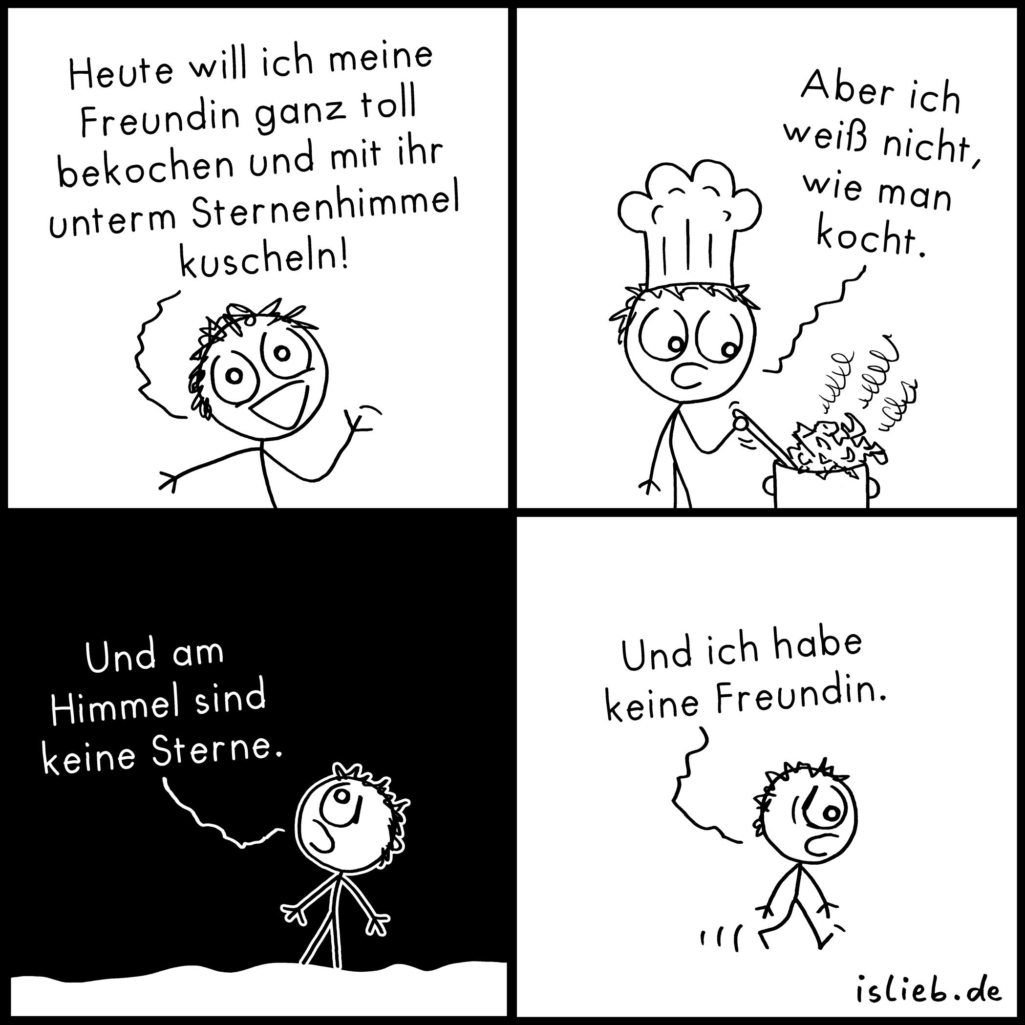 Der Comic besteht aus vier Panels und zeigt eine Strichfigur in verschiedenen Situationen.

Panel 1:
Die Figur schaut freudig und sagt: „Heute will ich meine Freundin ganz toll bekochen und mit ihr unterm Sternenhimmel kuscheln!“

Panel 2:
Die Figur trägt nun eine Kochmütze und steht mit einem Kochlöffel vor einem Topf, aus dem Chaos und Dampf aufsteigen. Sie sagt: „Aber ich weiß nicht, wie man kocht.“

Panel 3:
Jetzt steht die Figur draußen unter einem schwarzen Himmel und sagt enttäuscht: „Und am Himmel sind keine Sterne.“

Panel 4:
Die Figur geht traurig davon und sagt: „Und ich habe keine Freundin.“