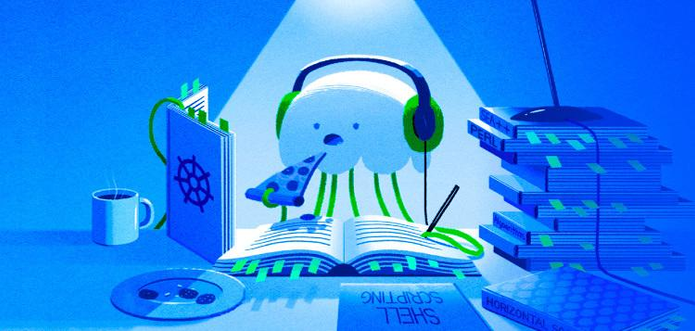 A digital image of an octopus eathing a pizza and listening to music in its headphones.
