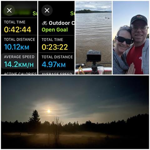 Two screenshots and three photos:
1) Apple Fitness Cycling Details:
Total Time: 0:42:44.
Total Distance: 10.12 KM.
Average Speed: 14.2 KM/H

2) Apple Fitness Cycling Details:
Total Time: 0:23:22.
Total Distance: 4.97 KM

3) Looking out onto Lake of Two Rivers, under a cloudy sky, with two geese on the lake and a bike handlebar visible at the bottom of frame.

4) Selfie of a smiling white woman and man, she in dark glasses and a grey shirt, he in a red shirt, a black ball cap with a Canadian and Ukrainian flag on it, wearing a grey hoodie.

5) Bright moonrise over a field with fog settling in it, with a handful of stars visible. 