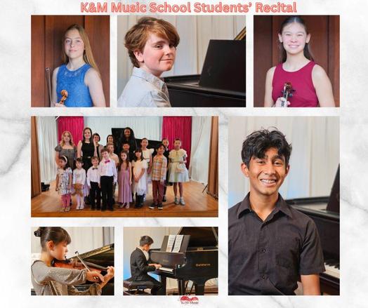 K&M Music School students’ recital group photo collage, showing young musicians performing piano and violin, solo portraits, and a group photo from the May 18, 2025, event.
