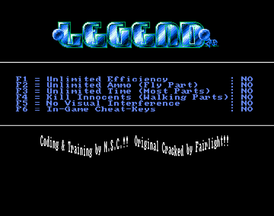 Screenshot of "RoboCop 3" - Trainer (+6): Legend (LGD) - Published by Ocean on Commodore Amiga (1992)