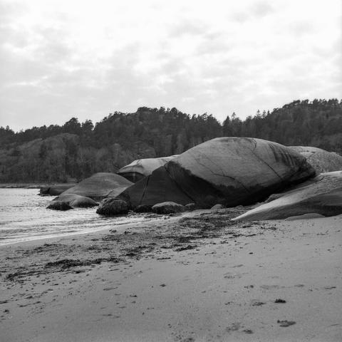 A beach with big rock formations and the sea washing in. Forest and cloudy skies in the background.