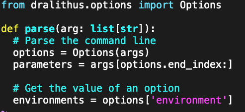 A custom command line parser with a simple API.
