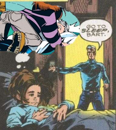 Edited comic panel showing Bart Allen in bed daydreaming about crawling over Max Mercury while Max comes into the room to tell Bart to go to sleep.