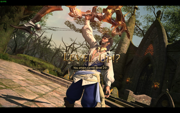 A scene from Final Fantasy XV showing a male character celebrating levelling up. He is dressed in elaborate clothing, holding a decorative golden bow overhead with both hands. In the foreground, overlaid text reads "LEVEL UP!?" and "You attain carrier level 25!". The background shows an exterior scene featuring trees and a stone building with intricate architecture.