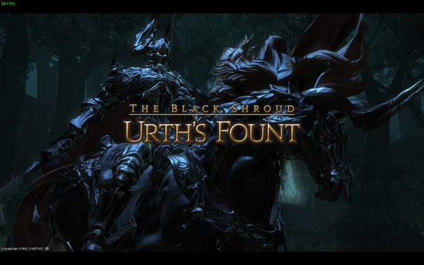 A dark, dramatic loading screen for the video game Final Fantasy XIV. An imposing armored knight sits astride an equally armored horse, both rendered in dark hues, possibly black and deep grays. The background suggests a dense forest, with hints of trees and shadows. Superimposed on the scene in a golden, stylized font is the text "The Black Shroud" and "Urth's Fount.", indicating the specific area or zone being loaded. The overall atmosphere is one of foreboding and fantasy.