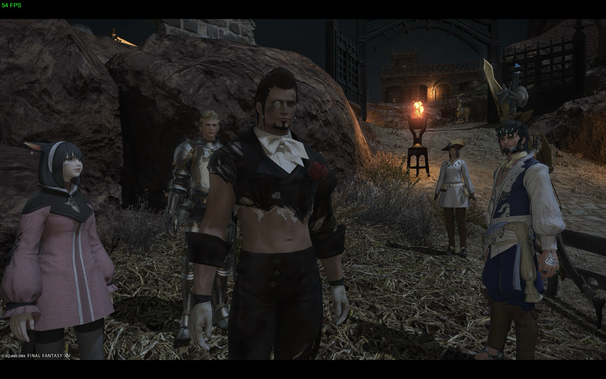 A nighttime scene from Final Fantasy XIV features a diverse group of characters. In the foreground, a muscular figure in a tattered tuxedo with a single rose stands with a monocle. Flanking them are other characters: on the left, a cute Miqo'te (cat-like human) in a pink jacket, and on the right, a bard in casual adventurer garb. Further back are two additional characters, one in full plate armor and another in light robes. The scene is set in a rocky, outdoor are a with old ruins in the distance, illuminated by a single torch.  