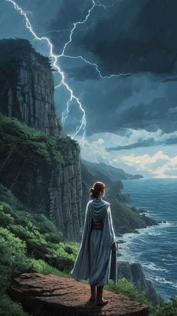 Model: RealVisXL V4.0
(fantasy illustration, thick ink lines, vector graphic novel fantasy, meticulously detailed oil painting, cinematic composition, hard vector, thick line ) a wide shot of a female jedi in the distance. deep blue sky with thunderclouds and lightning, rain. lush vegetation. a cliff overlooking the ocean.