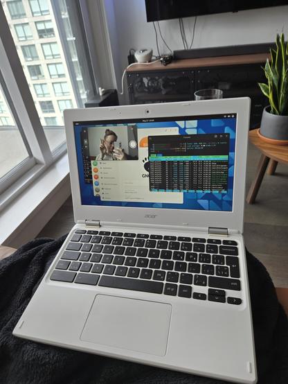 The Chromebook running GNOME with some apps open