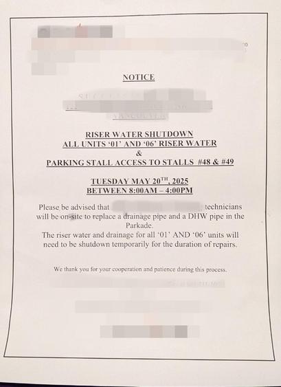 Notice advising of a "water riser shutdown" and later a "riser water and drainage shutdown" due to the need to replace a drainage pipe and "DHW" pipe