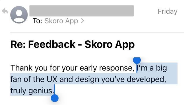 Screenshot from an email with a text “I’m a big fan of the UX and design you’ve developed, truly genius.”