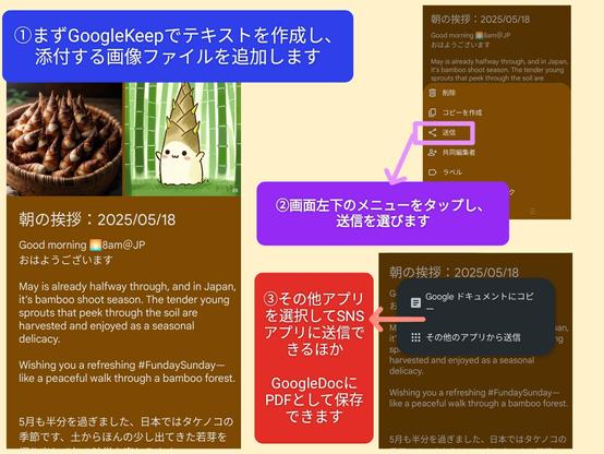 Alt-Text: The image depicts a three-step process for sharing text and an accompanying image from Google Keep.


Text-Based Flow:

1) First, create the text you want for your Google Keep note. Attach the image file you want to share to this note.


2) Tap the three vertical dots (︙) located in the bottom left-hand corner of the Google Keep note to display the menu options. Select Send (送信) from the options displayed.

The Share menu appears.


3)To share via social media (SNS), select the option marked 'Send in other apps'. This will display a list of compatible applications on your device for sharing.

To save as a PDF file in Google Drive, select 'Save to Google Docs'.