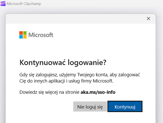Clipchamp app window with Microsoft account login popup visible.