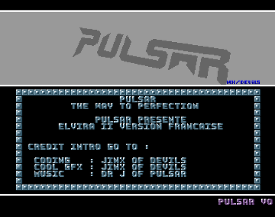 Screenshot of "Elvira 2 - The Jaws of Cerberus" - Crack: Pulsar - Published by HorrorSoft on Commodore Amiga (1992)