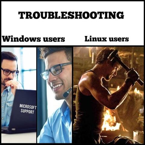 A meme comparing Windows and Linux users where windows users needs technical support for every minor inconvenience while linux users be like "Fine I'll do it myself"
