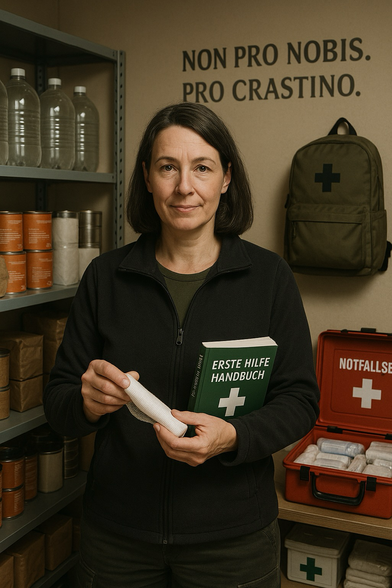 Das Bild zeigt Maria, eine Frau mit schulterlangem dunklem Haar, mittleren Alters, in einem Lagerraum für Notvorräte. Sie trägt eine schwarze Fleecejacke und hält ein Erste-Hilfe-Handbuch sowie eine Mullbinde in den Händen. Im Hintergrund stehen Wasserkanister, Konservendosen, ein Notfallrucksack und ein Erste-Hilfe-Kasten. An der Wand steht: „NON PRO NOBIS. PRO CRASTINO.“ – Nicht für uns. Für das Morgen.