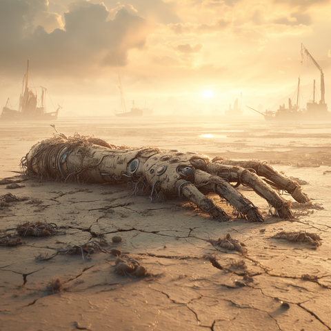 Midjourney Prompt: A sleeping biomechanical robot with coral-like appendages and fossilized circuit patterns, abandoned in a vast dried-up lakebed, cracked clay earth stretching to horizon, skeletal boats in distance, dusty golden hour light filtering through hazy atmosphere, delicate rust particles floating in air, microscopic detail, cinematic, melancholic beauty, 8k, hyperrealistic photography, depth of field  --profile o89hupk --v 7
