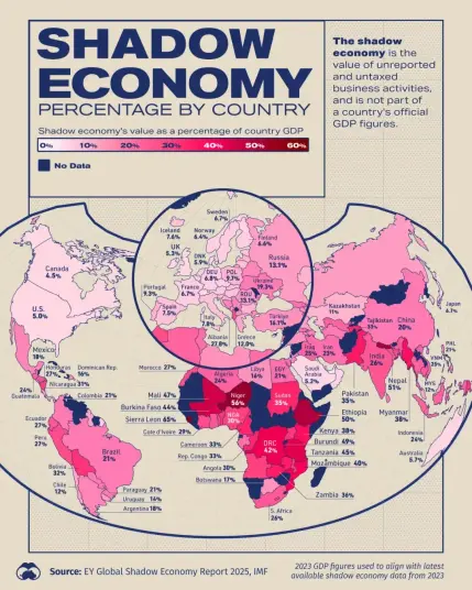 World map showing share of shadow economy in country GDP
