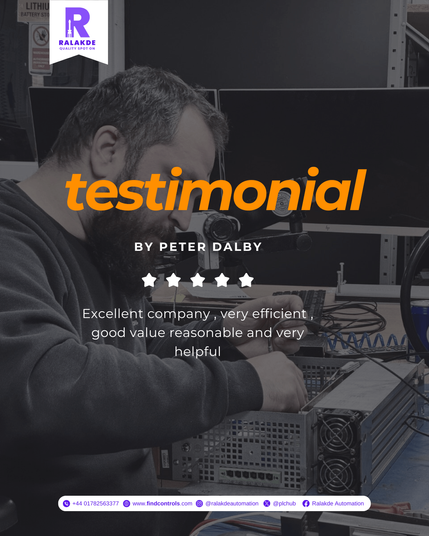 A testimonial by Peter Dalby, praising the company. The image features a man, possibly of European descent, with a beard, in a work environment. The testimonial is displayed prominently over the image, which also includes the company's contact information and the Ralakde Automation logo.