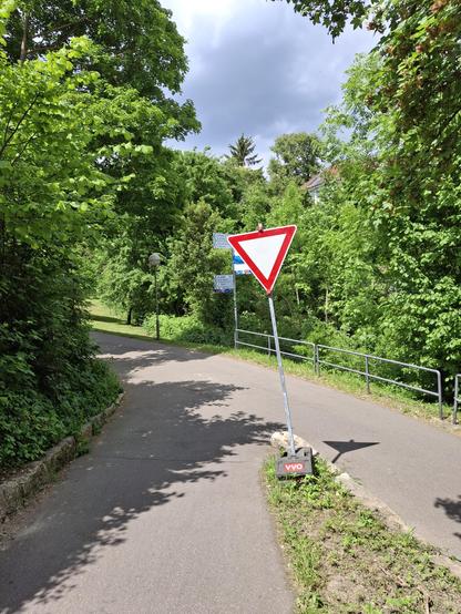 Abfahrt vom Radweg über die Donau an der Eisenbahnbrücke, Ulmer Seite. Gefälle, Einmündung in spitzem Winkel in anderen Weg, der mit Zeichen 205 Vorfahrt hat. Verkehr von links sehr schlecht einsehbar.