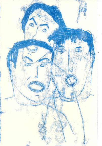 dessin de 3 visages en colère, réalisé en monotype 