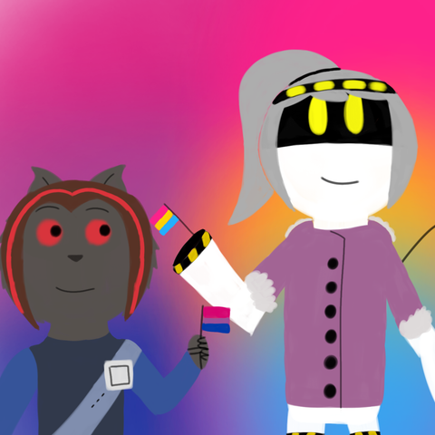 Drawing of Owen and D looking at each other with a smile while Owen is holding a bi flag on his hand and D's hand is the pan flag. The background is in bi and pan flag's colors