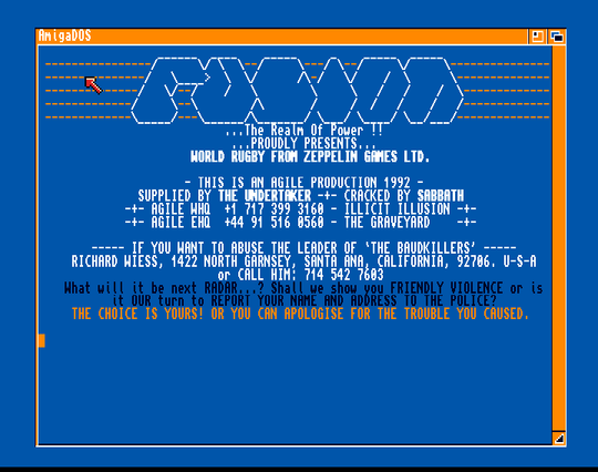 Screenshot of "World Rugby" - Crack: Agile (AGL) & Fusion (FSN) - Published by Zeppelin on Commodore Amiga (1992)