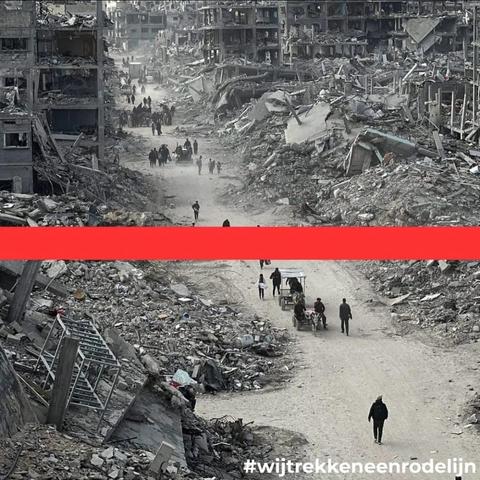 Een totaal verwoeste stad in Gaza met ingestorte gebouwen en puin langs een stoffige weg. Op de weg lopen mensen te voet en met karren tussen het puin. Een dikke rode horizontale streep verdeelt de afbeelding in tweeën. Onderaan staat de hashtag "#wijtrekkeneenrodelijn".