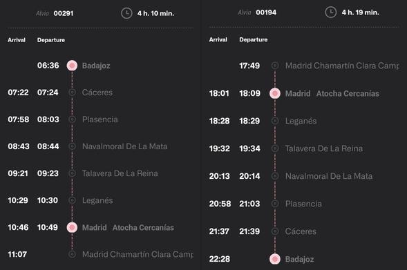 Timetable of the new Alvia services 291 and 194.