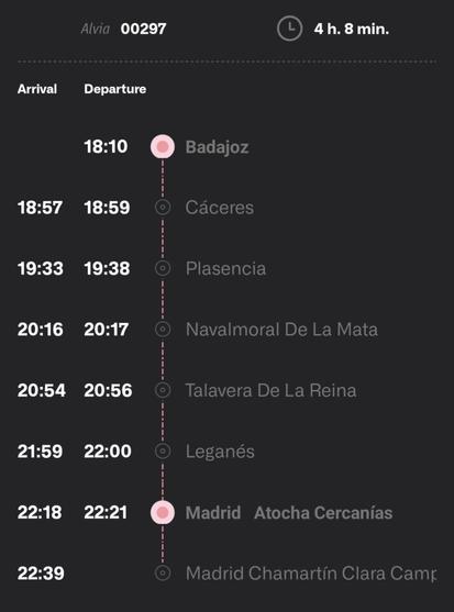 Timetable of the new Alvia 297 with departure at 18:10 from Badajoz allowing a transfer on Saturdays from Portugal