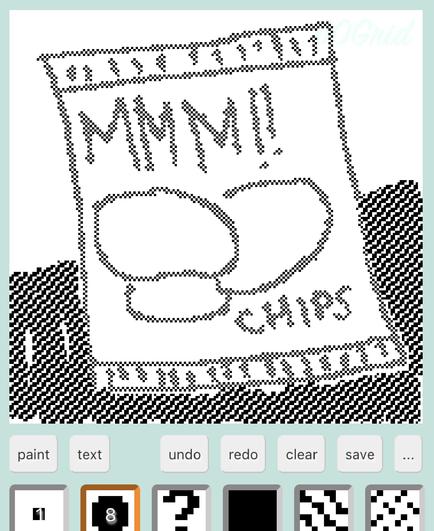 a pixelly black and white drawing in some simple software of a potato chip bag on a dark surface 