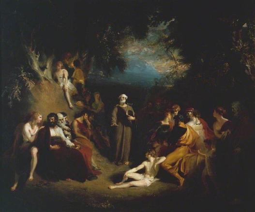 a   painting,  it is of  figures , most of them seated in relaxed positions, gathered in a wooded area around a standing elder man in a robe, dark shadows from trees, he is reciting his writings to them 