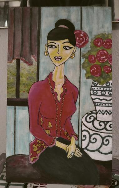 a paining of a woman with her hair pinned up looking out he window, wearing a red silk shirt with gold embellishments and a long dark blue silk shirt, she is sitting on a bench looking to her left out the window, a large red flower in her hair, a blue and white vase is on a blue ad white table behind her, big red flowers in it, she is looking at her garden out the window
