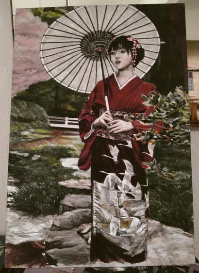 a painting of a woman standing on rocks over a stream, wearing a red kimono with an umbrella resting on her shoulder. there are flying cranes on from the hips down on her kimono, her hair is pinned up with flowers, she is looking up and to the right, pink and red flowers in her hair