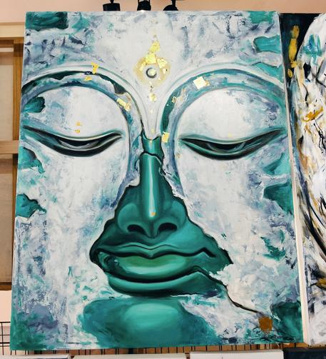 a painting of a close-up of a large face, the skin is a metallic aqua color, white mineral clouds passing over it, the eyes of the face are low in meditation