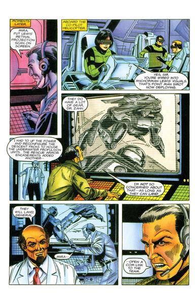 a page from the comic book, it is the armorines advancing into a compound, scientists and soldiers watching on monitors, worried 