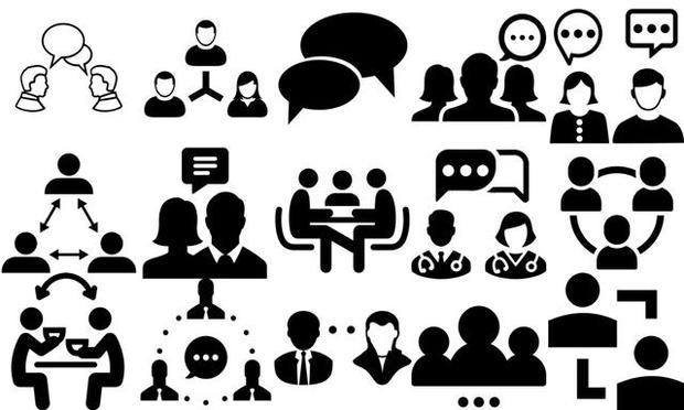 audience engagement: an illustration with three engaged people at its center. Around them are icons representing people connecting and talking.