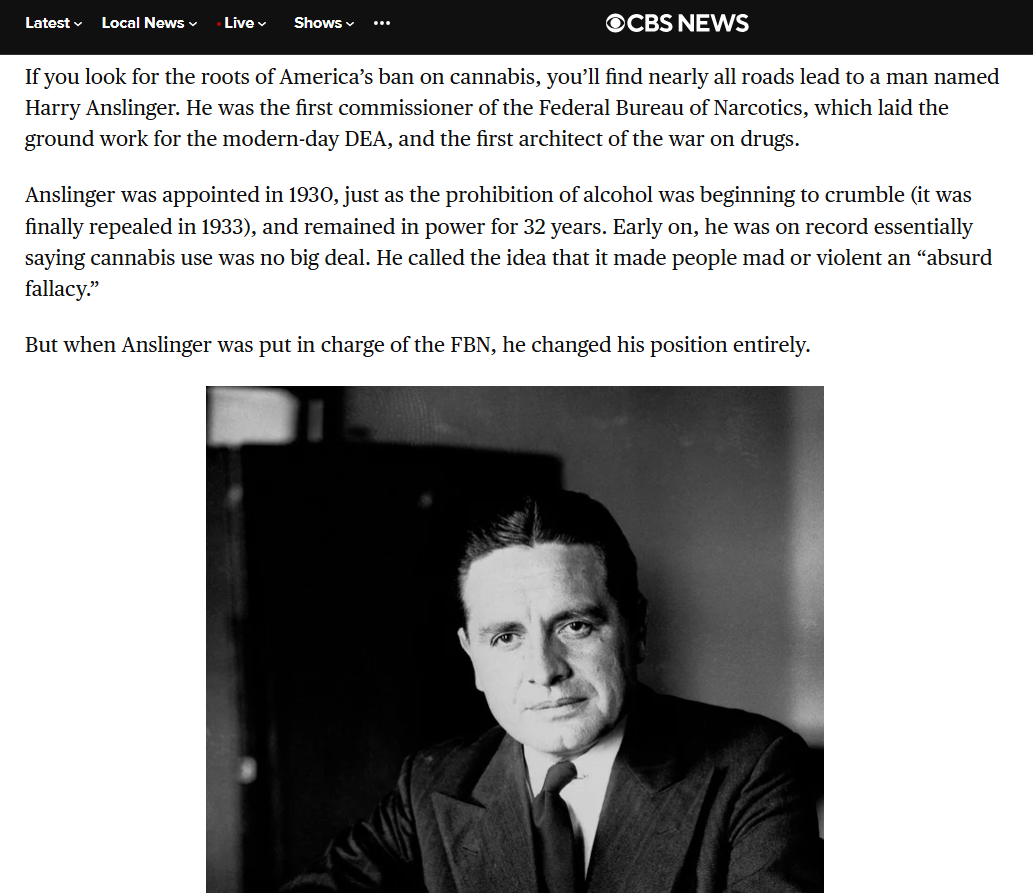 Portrait H. J. Anslinger "Vater&quot; des heutigen &quot;System Prohibition&quot; und Text auf Englisch. Anslinger war rassistisch und äußerst rechts verordnet. Die Prohibition diente ihm zur Machtausübung und Unterdrückung - abgesehen von <br />wirtschaftlichen Interessen. U.S. The man behind the marijuana ban for all the wrong reasons By Cydney Adams November 17, 2016 / 5:45 PM EST / CBS News Watch the latest CBSN Originals documentary, “Big Pot: The Commercial Takeover”. <br />https://www.cbsnews.com/news/harry-anslinger-the-man-behind-the-marijuana-ban/