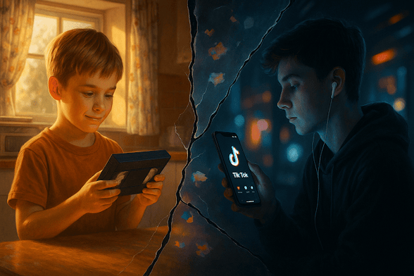 A child watches a VHS tape spinning inside an old player. In the background, a young adult stares at a glowing tablet. The scene contrasts two eras, as memory and the present seem to touch without fully recognizing each other. It feels like nostalgia quietly meeting curiosity.
